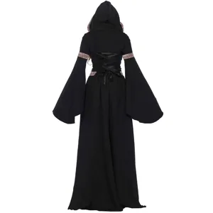 Vue détaillée du dos de la robe médiévale noire avec un corset lacé et des manches trompette.