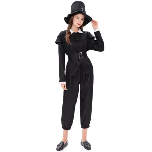 Set costume da pellegrino storico nero con cappello, top, pantaloni e colletto per festa cosplay.