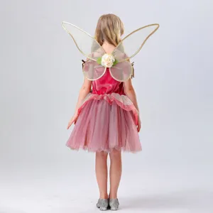 Back view detail of children fairy costume with sheer mesh gold wings and pink tutu dress.