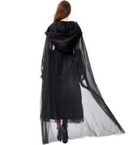 Abito mantella in tulle nero con cappuccio da donna, ideale per Halloween e costumi.