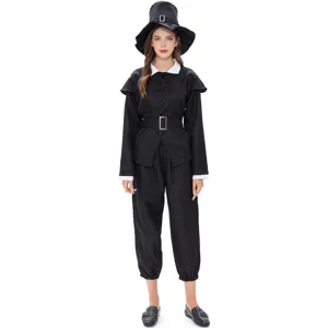 Costume da pellegrina di Halloween per donna, vestito storico da palcoscenico con cappello.