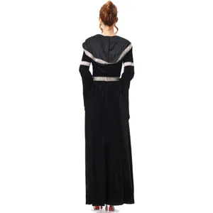 Médiéval vintage gothique noir sorcière costume vue dos détail robe velours capuche.