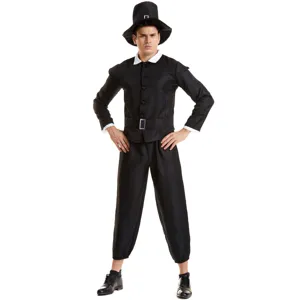 Vista dettagliata del costume da pellegrino nero con top, pantaloni e cappello.