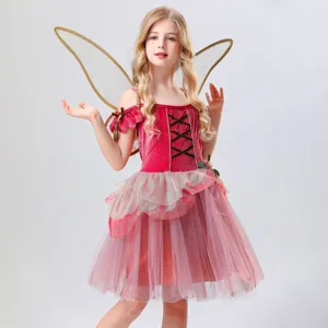 Detailed view of the kids fairy costume, featuring pink velvet bodice and glittery mesh wings.