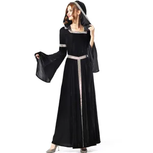 Robe de renaissance médiévale noire à capuche velours costume de sorcière gothique