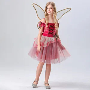 Charming kids fairy costume detail, pink velvet top, layered mesh skirt, cute elf wings.