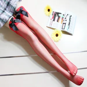 Red fishnet over-the-knee stockings with black bows, sexy lace thigh high socks for women