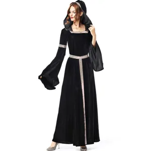 Robe à capuche en velours noir gothique médiéval renaissance costume de sorcière
