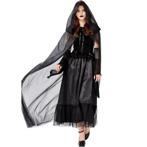 Costume da vampira di Halloween da donna, abito lungo con mantello con cappuccio nero.