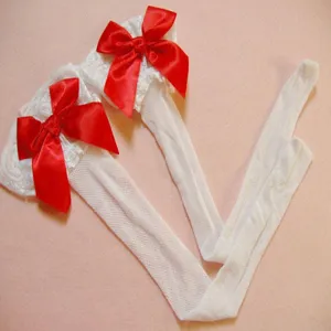 Women sexy white fishnet thigh high stockings with large red bowknot for sweet and cute style detail