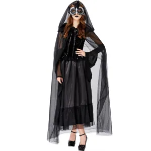 Costume da vampiro di Halloween da donna con mantello in rete con cappuccio e abito nero.