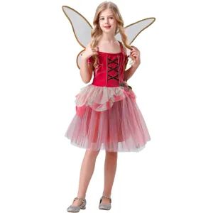 Kids Flower Fairy Tulle Princess Dress Costume For Girls Elf Cosplay Stage Performance Velvet Mesh Satin Dress And Wings Set