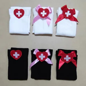 Calzini da cosplay da infermiera sexy con ricamo croce a cuore e fiocco per feste.