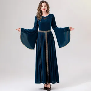 Medieval velvet dress detail featuring exquisite gold trim embroidery and long bell sleeves.
