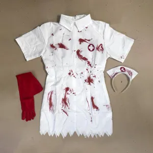 Conjunto de disfraz de enfermera zombi de Halloween con vestido ensangrentado, diadema y guantes.