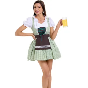 Detail view of traditional German Oktoberfest beer girl costume with green plaid dirndl dress.