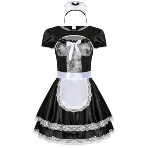 Detailed view of the black and white maid costume featuring lace trim, bowknot, and headpiece.