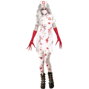 Disfraz de Enfermera Zombie Sangrienta de Halloween para Mujer Vestido Estampado de Cosplay de Terror Con Sombrero Máscara Y Guantes Ropa de Fiesta