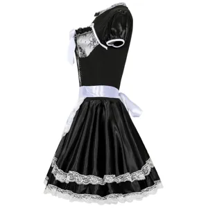 Black and white maid costume detail view, featuring delicate lace trim and cute bow accent.