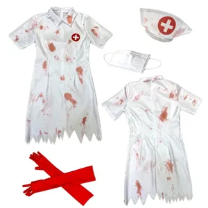Conjunto de disfraz de enfermera zombi sangrienta de Halloween con vestido y guantes