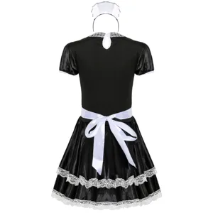 Detailed view of back lace-trimmed maid dress with cute bow and matching headpiece.