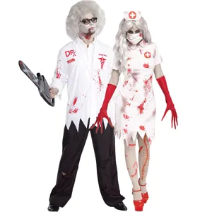 Conjunto de disfraz de pareja de médico y enfermera zombie de Halloween con uniforme sangriento.