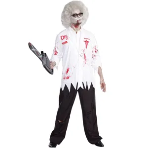 Disfraz de médico zombi de Halloween con bata ensangrentada y motosierra de juguete.