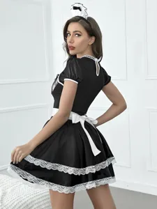 Black and white French maid cosplay costume dress with lace trim and matching headband accessory.