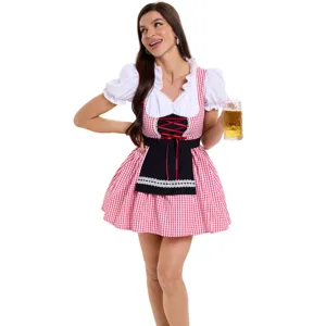 German Oktoberfest dirndl dress costume, red white plaid dress with black apron for party.