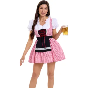 Details of the German Oktoberfest beer maid costume featuring a red and white checkered dirndl dress.