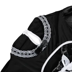 Detailed view of a black and white cosplay maid costume collar with delicate lace and bows.