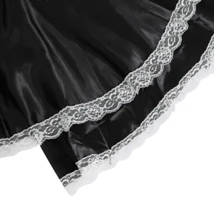 Black satin and white lace maid costume skirt detail close up view showing texture