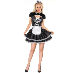 Sexy French Maid Costume Lingerie Set Black White Bow Lace Trim Cosplay Uniform Dress With Headband Apron For Women Role Play