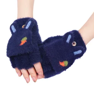 Women winter warm half finger flip gloves imitation mink velvet cute carrot embroidery student