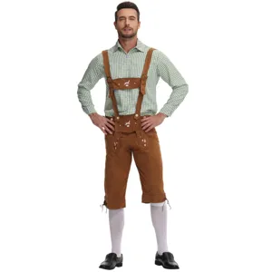 Costume d'Oktoberfest pour Hommes Tenue Bavaroise Lederhosen Costume de Fête de la Bière Allemande Short à Bretelles Brodé Chemise à Carreaux Top And Bottom pour Carnaval d'Halloween
