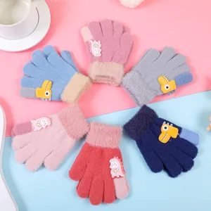 Gants Chauds d'Hiver pour Enfants Mignons Dinosaure Dessin Animé Polaire Épaisse Tricotés Pleins Doigts pour Garçons Filles