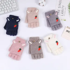 Women winter warm half-finger flip gloves faux mink fur cute rabbit ear carrot embroidery