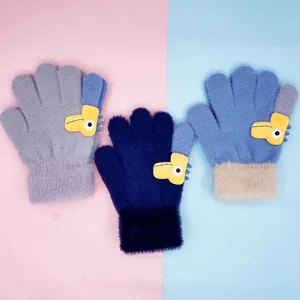Gants d'hiver en tricot pour enfants mignons avec design de dinosaure de dessin animé, chaud et épais.