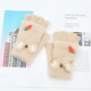 Women winter warm flip half finger gloves faux mink fur cute carrot embroidery gloves