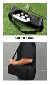 Waterproof golf cooler bag detail shot showing spacious interior with beverage cans and strap.