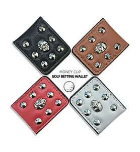 Detail view of four-color PU leather golf money clip wallets with metal skull and studs.