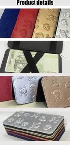 Men's long PU leather wallet with skull embossed design, magic money clip and elastic band.