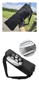 Portable golf cooler bag, black insulated beer beverage can sleeve with shoulder strap for outdoor sports.