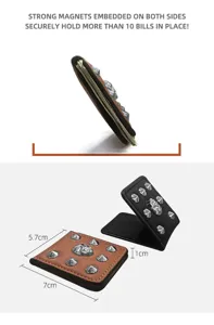 Magnetic leather money clip with skull studs, strong hold slim pocket wallet for men.
