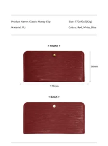 Klassische PU Leder Geldklammer Brieftasche im slim design, 170x90x5mm, rote Farbe.