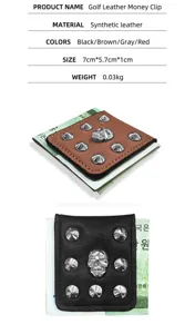 Golf synthetic leather money clip with skull and metal studs, compact pocket wallet.