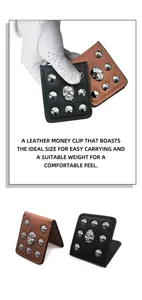 Stylish leather money clip with skull and metal studs, compact magnetic golf coin purse.