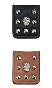 PU leather magnetic golf money clip wallet with metal skull studs in black and brown options.
