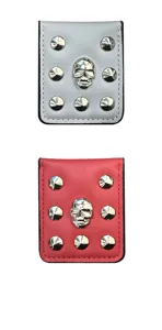 PU leather skull money clip and magnetic wallet with metal studs, compact pocket purse.