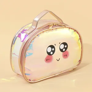Borsa cosmetica trasparente olografica con grazioso viso, custodia da viaggio impermeabile.